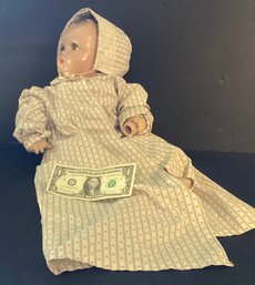 Large Antique Baby Doll With Composition And Soft Body With Dress &  Bonnet