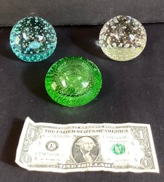 3 Art Glass Paperweights Of Controlled Bubble/Smooth Exterior 2 Signed By Artist