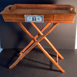 Mid Century Modern Wood Faux Bamboo Serving Tray &  Stand With Original  Paint