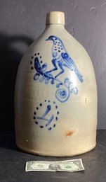 Antique Cobalt Blue Bird Decorated Stoneware Jug Attributed To Somerset Pottery