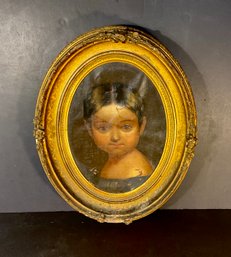 Antique American Oil On Canvas Childs Portrait In Original  Gilded Frame