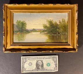 Antique Oil Painting On Board New York River Scene