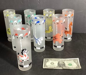 8 Vintage Tall Mid Century Iced Beverage Glasses With Carnival Animal Theme