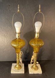 Two  Vintage Amber  Glass Lamps With Textural Brass Fittings And Marble  Base