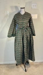 Hand Sewn Floor Length Antique Prairie Dress In Green With Rust Floral Accent Cotton Material