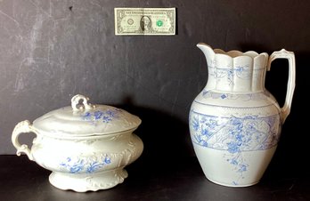Antique Pitcher And Serving Tureen  Blue Transfer On White Background