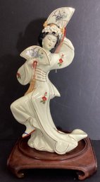 Hand Painted Porcelain Dancing Asian Woman And Wood Display Stand