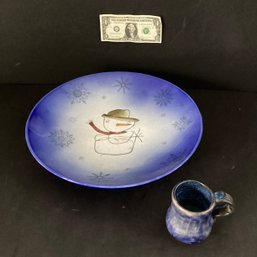 Large Snowman Serving Plate And Signed Hand Made Cup