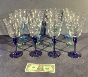 12 New Old Stock Wine Goblets With Blue, Light Green & Violet Glass Bases