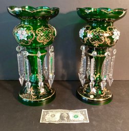 A Pair Of Bohemian Emerald Green Lusters/Vases With Enameled Flowers And Cut Crystals Circa 1880