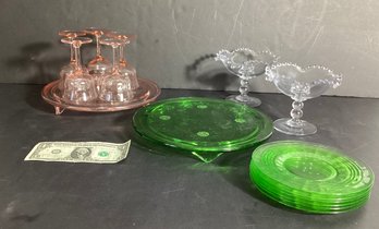 14 Piece Depression Glass Lot In Pink, Green And Clear Glass