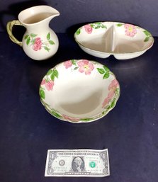 Franciscan Dessert Rose Ceramic Pitcher, Serving Bowl And Dual Serving Dish