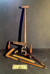 Antique & Vintage Wood And Metal Items Including Rulers, Fret Saw, Saw Set Tool, Hammer &  Garden Tool