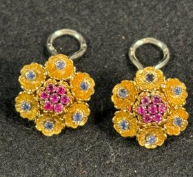 Estate 18k Rose Gold Flower Form Earrings With Rubies &  Sapphires