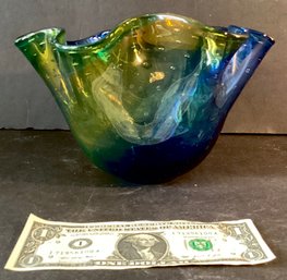 Signed Adam Jablonski Hand Blown Art Glass Glass Bowl With Controlled Bubbles
