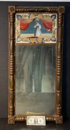Antique American Federal Period Two Part Mirror With Painted Folky Woman Eglomise Top Section