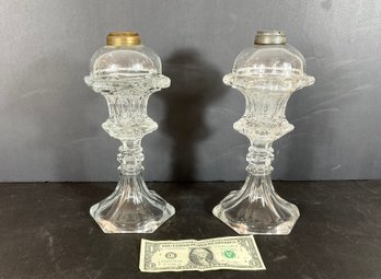 Antique Sandwich, Glass Pedal-based Whale Oil Lamps Circa 1835-1860
