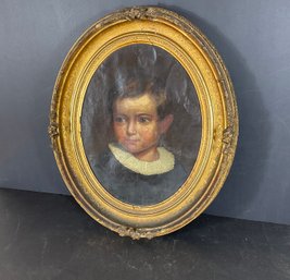 Antique American Oil On Canvas Childs Portrait In Original  Gilded Frame