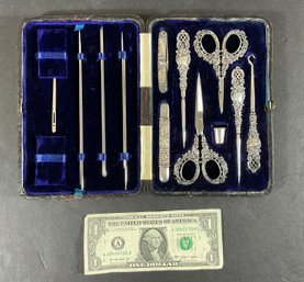 Rare Antique Sterling Handled Ladies Sewing Kit In Fitted Box
