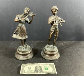 2 Victorian Style Bronze Figures Playing Instruments