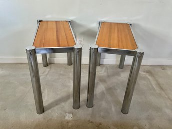 Pr.of Mid Century Chrome & Wood Lamp Tables