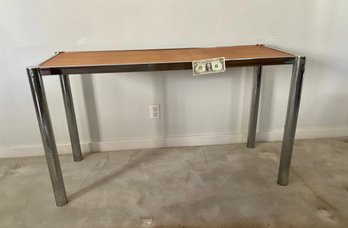 Mid Century Modern Chrome & Wood Top Console Table