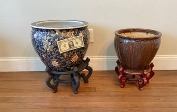 2 Large Asian Porcelain Planter Pots With Mahogany Carved Stands