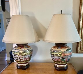 Pair Of Impressive Asian Ceramic Hand Painted Table Lamps