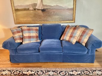 Excellent Quality Blue Velvet Uphostered 3 Cushion Sofa Calico Corners Design