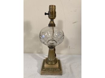 Antique Sandwich Glass Whale Oil Lamp Marble Brass
