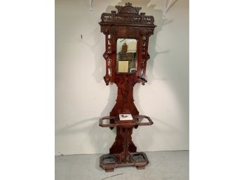 Antique East Lake Solid Walnut Coat Tree With Umbrella Racks