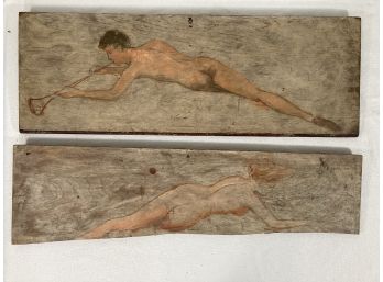 Pair Vintage Painted Nude Figures On Panels