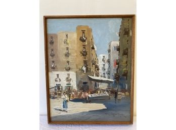 Mid-Century Oil On Artists Board Italian Street Scene Painting