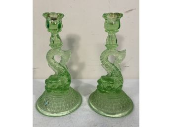 Pair Antique Vaseline Glass Dolphin Candlesticks