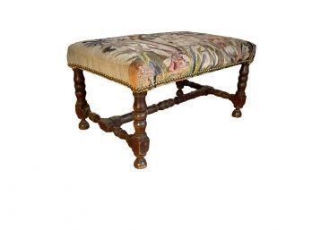 Antique William & Mary Turned Walnut Bench With Needlepoint Fabric.
