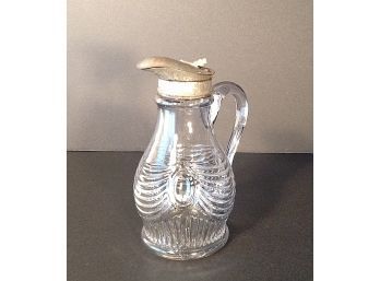 Antique EAPG Pressed Glass Syrup Pitcher With Tole Lid & Applied Handle