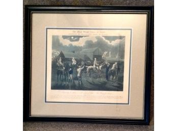 'The First Steeple Chase On Record ' Engraved Plate Double Matted With A Wooden And Gold Beaded Frame