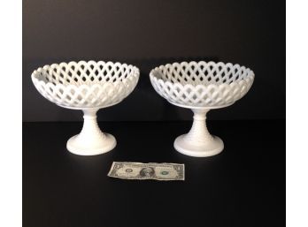Pair Of Antique Opalescent Milkglass Openwork Compotes