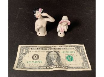 Two Antique German Pin Cushion Porcelain Dolls