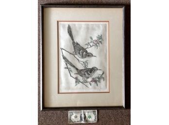 Original Barbara Dahlin Hand Colored Etching Of Birds & Holly