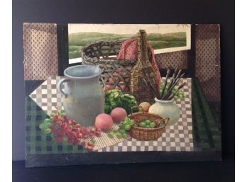 Original Oil On Board Still Life Antique Basket And Stoneware