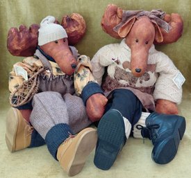 Vintage Cedar House Crafts Timothy & Tanya Timberlake Moose Shelf Sitters In Rustic Lodge Cabin Core Style