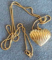 Vintage Gold Tone Ribbed Puff Heart Pendant Necklace  With Snake Chain
