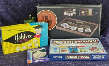 Vintage Board & Casino Game Lot  Mesquite-opoly, Buxton 2-in-1 Casino Game, Yahtzee & Triple Yahtzee Score Ca