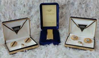 Vintage Swank Cufflink & Tie Tack Sets With JJJ Banner Piezo Butane Lighter Boxed