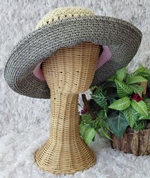 Betmar New York Wide Brim Paper Straw Sun Hat Black Cream Bow Style B687H