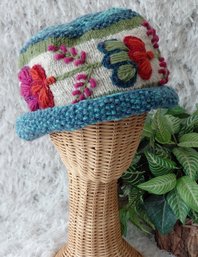 Nevari Icelandic Design Hand Knit Nepal Wool Floral Butterfly Hat