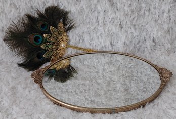 Vintage Oval Mirrored Vanity Tray Ornate Gold-Tone Frame With Peacock Feather Hand Fan