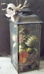 Large Fall Harvest Metal & Glass Lantern With Pumpkins, Grapevine & Autumn Dcor