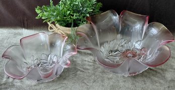 Vintage Mikasa Pink Glass Ruffled Floral Bowls  Set Of 2